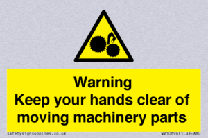 Warning - Keep your hands clear of moving machinery parts